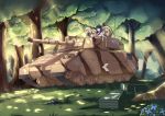  2girls absurdres allenes black_hair blonde_hair blue_eyes flower forest grass highres long_hair military military_vehicle multiple_girls nature open_mouth original riding school_uniform serafuku tank tree tree_shade vehicle wooden_box 