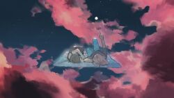  2girls above_clouds angela_he black_shirt brown_hair clouds denim from_side full_body full_moon highres jeans long_hair lying missed_messages moon multiple_girls night non-web_source official_art on_back on_side pants pink_clouds pink_hair shirt short_hair sky spaghetti_strap star_(sky) starry_sky t-shirt 