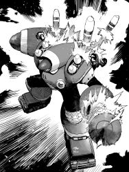  absurdres arm_cannon commentary dual_arm_cannons english_commentary explosion greyscale highres manabu_yashiro mega_man_(classic) mega_man_(series) missile missile_pod monochrome napalm_man robot signature smoke weapon 
