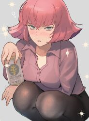  1girl arasa_ol_haman-sama black_pantyhose black_skirt blue_eyes energy_drink gundam haman_karn highres kasumi_(skchkko) looking_at_viewer office_lady pantyhose pink_hair pink_shirt pov shirt skirt solo squatting zeon 