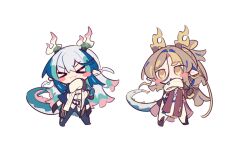  >_< 2boys animated animated_gif arknights blue_eyes blue_hair blush brown_eyes brown_hair chinese_clothes commentary dancing dragon_horns dragon_tail horns ji_(arknights) jumping male_focus multicolored_hair multiple_boys scales smile star_(symbol) symbol-only_commentary tail two-tone_hair white_hair yi_(arknights) ym_dpl 