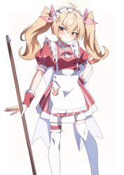  1girl absurdres alternate_costume apron blonde_hair blue_archive blush bow closed_mouth commentary dress hair_between_eyes halo highres holding holding_mop maid maid_apron maid_headdress mop pink_bow pink_dress puffy_short_sleeves puffy_sleeves short_sleeves solo thigh-highs to_(tototo_tk) twintails white_thighhighs yellow_eyes yellow_halo yoshimi_(blue_archive) zettai_ryouiki 