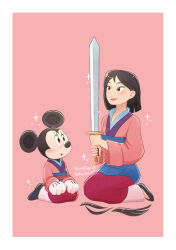  2girls absurdres alternate_costume animal_ears black_hair blunt_ends chinese_clothes commentary_request company_connection company_name cosplay cutting_hair disney dress fa_mulan_(disney) fa_mulan_(disney)_(cosplay) furry furry_female highres medium_hair mickey_mouse_&amp;_friends minnie_mouse mouse_ears mouse_girl mulan_(movie) multiple_girls pink_dress severed_hair simple_background sitting smile sword takatmaorange weapon 