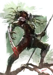  1boy absurdres alien armor artist_name belt black_hair blood blood_on_weapon branch claw_(weapon) dreadlocks fingernails fishnets from_side full_body hashtag-only_commentary helmet highres holding holding_staff long_hair male_focus naratani on_branch painterly predator_(1987) predator_(character) predator_(series) sharp_fingernails shoulder_armor shoulder_cannon signature solo staff standing standing_on_branch weapon 