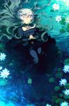  1girl black_dress dress flower highres in_water long_hair ophelia_(painting) parted_lips partially_submerged solo sunakumo white_hair 