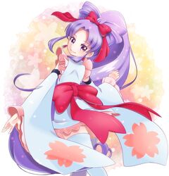  1girl alternate_form anmitsu_komachi bow cure_fortune detached_sleeves earrings frills hair_bow happinesscharge_precure! hikawa_iona jewelry long_hair looking_back magical_girl miniskirt ponytail precure purple_hair ribbon skirt smile solo thigh-highs violet_eyes white_legwear yupiteru 