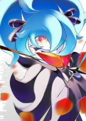  1girl absurdres alternate_color bare_shoulders black_dress black_gloves blue_hair blurry blurry_foreground bright_pupils chromatic_aberration closed_mouth colored_skin commentary_request cynthia_(pokemon) dress elbow_gloves from_above fusion gardevoir glint gloves grey_background hair_ornament hair_over_one_eye happy highres iteza_flower. long_dress long_hair looking_at_viewer looking_up mega_gardevoir mega_pokemon one_eye_covered orange_eyes petals pokemon pokemon_dppt shiny_pokemon sidelocks smile solo standing strapless strapless_dress white_pupils white_skin 