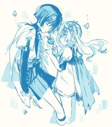  1boy 1girl arm_at_side armlet belt blunt_ends bodysuit bow bracelet bridal_gauntlets cape closed_eyes closed_mouth clothing_cutout commentary_request core cropped_legs detached_sleeves dress eyelashes facing_another furisode genshin_impact hands_up highres hip_vent japanese_clothes jewelry kimono layered_sleeves long_hair looking_at_another mandarin_collar middle_ring monochrome nahida_(genshin_impact) onigiri_po_0205 open_hands open_mouth pointy_ears rope sash scaramouche_(genshin_impact) short_sleeves shorts side_ponytail sidelocks spoilers wanderer_(genshin_impact) white_background wispy_bangs 