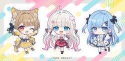  3girls :d ;3 ;d ahoge animal_ear_fluff animal_ears bare_shoulders black_bow black_shoes black_socks blue_hair blue_necktie blue_ribbon blunt_bangs blush bow bowtie brown_hair chibi chibi_only closed_mouth coat commentary_request copyright_notice detached_sleeves dog_ears dog_girl dog_tail dress flower footwear_bow frilled_dress frills full_body gradient_hair hair_bow hair_flower hair_intakes hair_ornament hair_ribbon hand_up hands_up heart heart_hair_ornament kokone_muiru leg_up long_hair long_sleeves looking_at_viewer multicolored_hair multiple_girls necktie official_art okamori_kuo one_eye_closed open_clothes open_coat open_mouth pink_hair pleated_dress pleated_skirt polka_dot polka_dot_bow polka_dot_bowtie red_bow red_bowtie red_eyes red_skirt ribbon runoa_hirune sample_watermark shirt shoes short_hair single_thighhigh skirt sleeveless sleeveless_shirt smile socks standing standing_on_one_leg striped_bow suzuhina_chuno tail thigh-highs thigh_strap two-tone_hair two_side_up veil_project very_long_hair virtual_youtuber waist_bow watermark white_coat white_flower white_hair white_shirt white_skirt white_thighhighs yellow_bow yellow_dress 