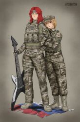  1boy 1girl a_song_of_ice_and_fire absurdres arm_hug azov_battalion beanie blonde_hair blue_hat boots brown_eyes camouflage camouflage_jacket camouflage_pants cargo_pants commission commissioner_upload couple death_(band) digital_camouflage electric_guitar flag_patch galician_division game_of_thrones green_eyes grzegorz1996 guitar hairband hand_in_pocket hat hetero highres holding holding_guitar holding_instrument holster instrument jacket kenneth_del_duca knee_pads load_bearing_vest long_hair marichka military non-web_source open_mouth original pants red_hair rubizh_regiment russian_flag russo-ukrainian_war serious smile tactical_gloves thigh_holster tryzub uar-15 ukrainian_flag z_(russian_symbol) 