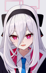  1girl :d absurdres black_hairband black_jacket blue_archive blue_necktie hair_between_eyes hairband halo highres jacket kei_(blue_archive) kei_(new_body)_(blue_archive) long_hair_between_eyes looking_at_viewer necktie pink_eyes ringed_eyes shirt simple_background smile solo upper_body white_background white_hair white_shirt whoing_x2 