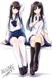  2girls absurdres allenes black_hair black_legwear blue_eyes hand_behind_head highres long_hair looking_at_viewer multiple_girls original pleated_skirt school_uniform serafuku shoes sitting skirt smile two_side_up violet_eyes white_legwear 