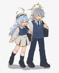  1boy 1girl ^_^ ankle_socks bag beret black_pants black_shoes blue_hair blue_necktie blue_ribbon blue_skirt blue_socks blue_sweater_vest blush_stickers brother_and_sister closed_eyes collared_shirt commentary concert feathered_wings full_body hair_between_eyes halo halo_behind_head hat head_wings highres holding_strap honkai:_star_rail honkai_(series) loafers long_hair long_sleeves neck_ribbon necktie official_alternate_costume open_mouth pants ribbon robin_(brilliant_youth)_(honkai:_star_rail) robin_(honkai:_star_rail) school_uniform shirt shoes shoulder_bag siblings simple_background skirt socks sunday_(brilliant_youth)_(honkai:_star_rail) sunday_(honkai:_star_rail) sweater_vest symbol-only_commentary two-tone_skirt white_background white_hat white_shirt white_skirt white_wings wings zundoko_oniku 