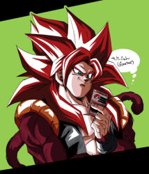  1boy black_vest blue_eyes body_fur brown_fur card cropped_vest dragon_ball dragon_ball_gt fenyon gogeta green_background highres holding holding_card long_hair male_focus metamoran_vest muscular muscular_male no_shirt red_hair simple_background solo spiky_hair super_saiyan super_saiyan_4 vest 