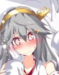  1girl admiral_(kantai_collection) bare_shoulders blush bust hair_ornament hairband hairclip hand_on_another&#039;s_face haruna_(kantai_collection) kantai_collection long_hair natsu_(anta_tte_hitoha) nontraditional_miko red_eyes solo_focus wavy_mouth 