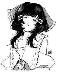  1girl alternate_hairstyle ascot blush bow commentary_request detached_sleeves frilled_bow frilled_hair_tubes frills greyscale hair_bow hair_tubes hakurei_reimu highres long_hair looking_at_viewer mochitose_aguri monochrome open_mouth solo touhou upper_body wolf_cut 