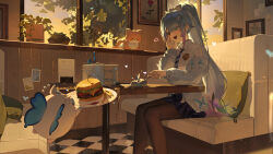  1girl :d absurdres ameki_(virtuareal) artist_request black_pantyhose black_skirt blue_cardigan blue_eyes blue_necktie booth_seating burger cake cardigan cat checkered_floor chinese_commentary collared_shirt commentary_request commission cushion eyes_visible_through_hair feet_out_of_frame flying_pig food food_on_face fork french_fries gradient_hair hair_over_one_eye hand_up heart heterochromia highres indoors long_hair miniskirt multicolored_hair necktie nijisanji open_mouth pantyhose picture_frame pink_hair plaid_clothes plant plate pleated_skirt ponytail potted_plant second-party_source shirt sidelighting sitting skirt sky smile solo very_long_hair virtual_youtuber virtuareal white_shirt window yellow_eyes yellow_sky 
