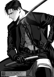  1boy abs belt black_gloves black_necktie black_pants black_shirt black_suit buttons collared_shirt commentary frown gloves hand_on_own_hip hand_rest holding holding_knife knife komiya_kuniharu lapels long_sleeves looking_ahead monochrome necktie out_of_frame pants peaked_lapels profile scarf shirt short_hair sitting solo suit sword_to_throat toned toned_male unbuttoned unbuttoned_shirt unworn_scarf very_short_hair 