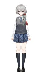  1girl absurdres armband black_shoes black_socks blue_necktie blue_skirt charm_(object) chinese_commentary collared_shirt commentary_request drill_hair full_body green_hair grey_eyes grey_hair hair_between_eyes hazel_(virtuareal) highres multicolored_hair necktie nijisanji official_art plaid_clothes plaid_skirt pleated_skirt red_armband shirt shoes simple_background skirt socks solo standing straight-on streaked_hair striped_clothes striped_necktie tachi-e transparent_background virtual_youtuber virtuareal white_shirt 