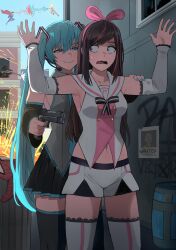  2girls 3boys absurdres alley aqua_hair darth_vader dc_comics dragon_ball dragon_ball_z explosion eye_beam firing flying fortnite gun handgun hands_up hatsune_miku headset highres jourd4n kamehameha_(dragon_ball) kizuna_ai kizuna_ai_inc. marvel multiple_boys multiple_girls one-punch_man rifle saitama_(one-punch_man) short_shorts shorts smile sniper_rifle son_goku spider-man_(series) star_wars super_saiyan superman superman_(series) trash_can twintails unworn_clothes vocaloid wanted_poster weapon 