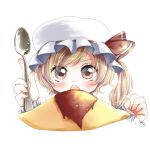  1girl blonde_hair blush bow fang flanvia food hat hat_bow omurice red_eyes side_ponytail solo spoon touhou umi02 