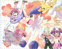  1girl 2boys ash_ketchum black_hair blush bow bowtie brown_eyes cilan_(pokemon) clenched_hands commentary_request confetti darumaka flower green_eyes green_hair hair_ornament happy hat holding iris_(pokemon) jacket keldeo keldeo_(ordinary) long_hair multiple_boys open_mouth pika2pocket pikachu pokemon pokemon_(anime) pokemon_(creature) pokemon_bw_(anime) purple_hair smile twintails twitter_username very_long_hair vest 