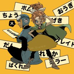  1boy 1girl aviator_cap aviator_goggles belt black_bodysuit black_pantyhose blue_eyes blue_gloves blue_hat blue_tunic bodysuit boots brooch brown_hair cloak closed_mouth commentary_request d_d_work dragon_quest dragon_quest_ii dress full_body gem gloves goggles goggles_on_head green_cloak grey_boots hair_ribbon hat highres indian_style jewelry one_eye_closed pantyhose parted_bangs ponytail prince_of_lorasia princess_of_samantoria red_gem ribbon sitting smile spoken_x standing tongue tongue_out tunic twitter_username v white_ribbon yellow_background yellow_dress 