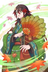  1boy commentary_request cyu6712 glasses gradient_hair green_eyes hair_between_eyes hand_fan highres holding holding_fan japanese_clothes kimono kurama_(rune_factory) leaf looking_at_viewer male_focus maple_leaf multicolored_hair open_mouth red_hair rune_factory rune_factory:_guardians_of_azuma wide_sleeves 