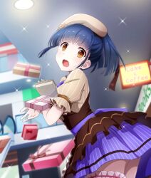  1girl :o beret blunt_bangs blunt_ends box brown_dress brown_hat brown_ribbon brown_skirt ceiling_light dot_nose dress dropping english_text from_below from_side game_cg gift gift_box hair_ribbon hat holding holding_box indoors layered_skirt looking_at_viewer looking_to_the_side mall nakano_jun official_art open_mouth orange_eyes pinstripe_dress pinstripe_pattern pinstripe_skirt purple_skirt ribbon short_hair sidelocks sign skirt solo sparkle striped_clothes striped_dress striped_skirt thigh-highs third-party_source toji_no_miko toji_no_miko:_kizamishi_issen_no_tomoshibi vertical-striped_clothes vertical-striped_dress vertical-striped_skirt white_thighhighs zettai_ryouiki 