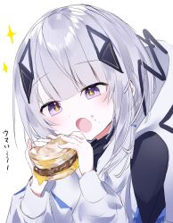  +_+ 1girl blunt_bangs blush cevio crumbs diamond_hair_ornament eating food highres holding holding_food kamitsubaki_studio mcdonald's open_mouth poono sandwich simple_background solo sparkle violet_eyes white_hair 