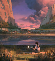  1girl absurdres clouds commentary computer_keyboard english_commentary evening gradient_sky grass highres lake lantern mountain original outdoors pants pink_sky purple_sky scenery short_sleeves sin_jonghun sitting sky sunset table tablet_pc valley village water yoga_pants 