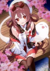  bare_shoulders between_legs boo_tao_(genshin_impact) brown_hair brown_thighhighs camera cherry_blossoms chinese_clothes commentary_request detached_sleeves eyewear_on_head flower-shaped_pupils genshin_impact ghost hair_between_eyes hand_between_legs hat highres holding holding_camera hu_tao_(cherries_snow-laden)_(genshin_impact) hu_tao_(genshin_impact) long_hair looking_at_viewer mandarin_collar nail_polish official_alternate_costume open_mouth orange_eyes red-tinted_eyewear red_nails saeki_pisuko sitting smile symbol-shaped_pupils thigh-highs tinted_eyewear twintails very_long_hair white_hat yellow-framed_eyewear 