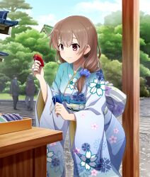  1girl 2boys aqua_kimono architecture blue_kimono blue_sash blue_sky brown_hair building closed_mouth clouds day dot_nose double-parted_bangs east_asian_architecture feet_out_of_frame floral_print floral_print_kimono game_cg gradient_clothes gradient_kimono hair_ornament hair_scrunchie holding_kinchaku holding_pouch japanese_clothes kimono kinchaku looking_at_object low_side_ponytail medium_hair mizushina_kinuka multiple_boys obi official_art outdoors pink_eyes pouch print_kimono print_sash purple_scrunchie sash scrunchie sky smile solo_focus stone_walkway third-party_source toji_no_miko toji_no_miko:_kizamishi_issen_no_tomoshibi tree 