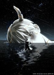  1boy absurdres black_coat black_hair boots coat commentary_request cracked_skin facing_away from_behind full_body highres horns kim_dokja kintsugi korean_commentary night omniscient_reader's_viewpoint open_clothes open_coat partially_submerged reflective_surface short_hair sion_428 sky solo standing standing_on_liquid star_(sky) starry_sky statue wind wind_lift yoo_joonghyuk 