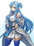  1girl asuna_(sao) asuna_(sao-alo) blue_eyes blue_hair blue_legwear breasts large_breasts long_hair looking_at_viewer pointy_ears sachito simple_background smile solo sword_art_online thigh-highs very_long_hair white_background 