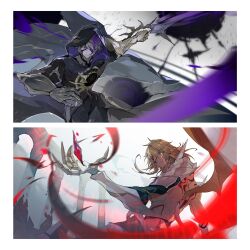  2boys back_tattoo black_cloak blonde_hair blood blood_from_eyes braid chinese_commentary clawed_gauntlets cloak commentary_request cracked_skin crystal facial_tattoo flame_reaver_of_the_deepest_dark geyiwen200721 gradient_hair highres holding holding_sword holding_weapon honkai:_star_rail honkai_(series) hood hood_up hooded_cloak male_focus medium_hair monster_boy monsterification multicolored_hair multiple_boys mydei_(honkai:_star_rail) phainon_(honkai:_star_rail) red_hair red_tattoo side_braid sword tattoo weapon white_hair yellow_blood yellow_eyes 