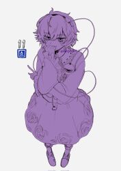  1girl blush clenched_hand commentary floral_print frills full_body hairband hand_to_own_mouth highres komeiji_satori long_sleeves monochrome point_item_(touhou) pointing rose_print shirt short_hair skirt slippers socks solo third_eye touhou twitter_username watage_milktea 