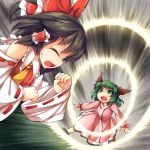  2girls animal_ears ascot bow brown_hair clenched_hands closed_eyes detached_sleeves dog_ears dress fun_bo green_eyes green_hair hair_bow hair_tubes hakurei_reimu kasodani_kyouko multiple_girls open_mouth parody ribbon-trimmed_sleeves ribbon_trim shouting sound_wave sweatdrop touhou yuu-gi-ou 