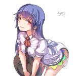  1girl bent_over blue_hair breasts hat hat_removed headwear_removed highres hinanawi_tenshi long_hair looking_at_viewer myero naked_shirt no_pants pink_eyes puffy_short_sleeves puffy_sleeves short_sleeves smile solo thighs touhou very_long_hair 