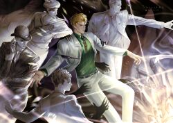  absurdres amaripma anchor_symbol artist_name belt belt_buckle black_hair black_suit blonde_hair bowler_hat buckle commentary dead_man's_questions diamond_wa_kudakenai disembodied_hand english_commentary green_shirt hat highres jojo_no_kimyou_na_bouken jojolion kawajiri_kosaku kira_yoshikage kira_yoshikage_(bites_the_dust) kira_yoshikage_(jojolion) lips multicolored_hair multiple_persona necktie nose pants pixiv_username sailor_hat shirt spiky_hair streaked_hair suit wavy_bangs white_hair white_pants white_suit 