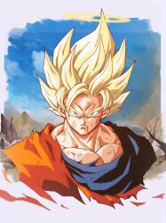  1boy battle_damage blonde_hair blue_shirt catdestroyer dragon_ball dragon_ball_z green_eyes halo highres male_focus muscular muscular_male orange_shirt shirt solo son_goku torn_clothes torn_shirt yellow_halo 