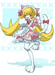  1girl ;d animal_ear_hairband animal_ears animal_hands apron bell blonde_hair blush_stickers border bow bowtie buttons cat_ear_hairband cat_ears commentary_request dot_nose dress dress_shirt fake_animal_ears fang flat_chest flipped_hair frilled_apron frilled_dress frilled_hairband frilled_straps frills full_body gloves hair_between_eyes hair_flaps hair_ribbon hairband halftone halftone_background hands_up highres jingle_bell long_hair looking_at_viewer maid maid_headdress monogatari_(series) myuga66666 one_eye_closed open_mouth oshino_shinobu paw_gloves paw_shoes pink_dress pointy_ears puffy_short_sleeves puffy_sleeves red_bow red_bowtie red_ribbon ribbon ringed_eyes shadow shirt shoes short_sleeves sidelocks smile solo standing standing_on_one_leg tail tail_bow tail_ornament thigh-highs thigh_strap twintails twitter_username very_long_hair waist_apron white_apron white_border white_gloves white_hairband white_shirt white_shoes white_tail white_thighhighs x_(symbol) yellow_eyes zoom_layer 