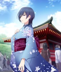  2boys 2others 3girls architecture bag black_hair blue_hair blue_kimono blue_sky brown_hair brown_jacket brown_pants closed_mouth clouds cowboy_shot day earrings east_asian_architecture floral_print floral_print_kimono from_side game_cg hand_on_own_chest handbag jacket japanese_clothes jewelry kimono long_sleeves looking_to_the_side medium_hair multiple_boys multiple_girls multiple_others obi official_art outdoors pants print_kimono purple_sash sash sideways_glance sky solo_focus souraku_yuzuki sparkle stairs stone_stairs stud_earrings third-party_source toji_no_miko toji_no_miko:_kizamishi_issen_no_tomoshibi tsurime violet_eyes white_bag white_jacket 