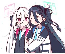  2girls :d black_bow black_hair black_vest blue_archive blue_necktie blush border bow buttons closed_eyes closed_mouth coat collared_shirt commentary_request double-parted_bangs dual_persona green_halo hair_between_eyes hair_bow halo holding_another's_arm kei_(blue_archive) kei_(new_body)_(blue_archive) long_hair long_hair_between_eyes long_sleeves multiple_girls necktie one_side_up open_clothes open_coat open_mouth pink_halo rectangular_halo shirt simple_background smile upper_body vest white_background white_border white_coat white_hair white_shirt yoru_nai 