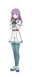 1girl artist_request baseball_uniform belt black_belt black_gloves black_shirt blue_eyes blue_shoes cinderella_series closed_mouth clover_hair_ornament fingerless_gloves gloves green_pantyhose green_shirt green_shoes green_shorts hachigatsu_no_cinderella_nine hair_ornament hairclip hands_on_own_chest highres kashino_asa long_hair looking_at_viewer multicolored_shoes official_art own_hands_together pantyhose purple_hair shirt shirt_under_shirt shoes short_sleeves shorts solo sportswear transparent_background white_shirt white_shoes white_shorts 