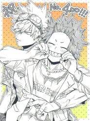  2boys arm_hug bakugou_katsuki boku_no_hero_academia bracelet commentary_request eyewear_on_head facing_viewer fingernails goggles goggles_on_head greyscale_with_colored_background grin hand_in_pocket highres jewelry kirishima_eijiro male_focus multiple_boys open_clothes open_shirt sharp_teeth short_hair smile spiked spiky_hair teeth translation_request tsukota 