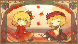  2girls :d aki_minoriko aki_shizuha akihiyo apron autumn_leaves barefoot black_skirt blonde_hair breast_pocket brown_shoes buttons chibi chibi_only closed_eyes collared_shirt commentary_request falling_leaves foliage food fruit grape_hat_ornament grapes hair_ornament hat highres leaf leaf_hair_ornament light_blush long_sleeves looking_at_viewer maple_leaf medium_hair mob_cap multiple_girls open_mouth pocket red_apron red_hat red_shirt red_skirt shirt shoes sitting skirt smile split_mouth touhou wheat_print yellow_eyes yellow_shirt 