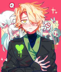  1boy 4girls :d ^_^ blush check_commentary closed_eyes commentary commentary_request crying crying_with_eyes_open facepaint green_eyes hair_over_one_eye hand_on_own_cheek hand_on_own_chest hand_on_own_face harumi_(ninjago) heart heart-shaped_pupils hetero highres hood hood_up kouen_(xinjinjumin9426886) lloyd_garmadon long_hair long_sleeves looking_at_viewer multiple_girls ninjago open_mouth parted_lips pink_pupils short_hair smile sparkle spoken_heart symbol-shaped_pupils tears the_lego_group white_hair 