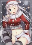  1girl ;d blue_eyes blurry blush bokeh breasts cover cover_page depth_of_field doujin_cover fur_trim hat long_hair midriff nagomi_no_ame navel one_eye_closed open_mouth original santa_costume santa_hat silver_hair sitting smile snow solo striped striped_legwear thigh-highs 
