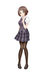  1girl arm_behind_back artist_request black_eyes black_skirt black_vest brown_hair brown_pantyhose brown_shoes cinderella_series hachigatsu_no_cinderella_nine highres looking_at_viewer makino_hana neck_ribbon official_art open_mouth pantyhose plaid_clothes plaid_skirt red_ribbon ribbon school_uniform shirt shoes short_hair short_sleeves skirt solo transparent_background vest white_shirt 
